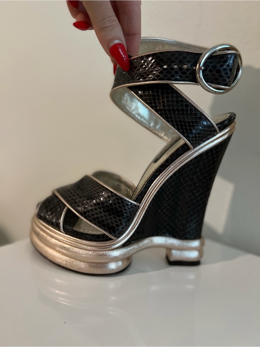 Dolce & Gabbana Black Snakeskin Wedge Sandals with Gold Accents
